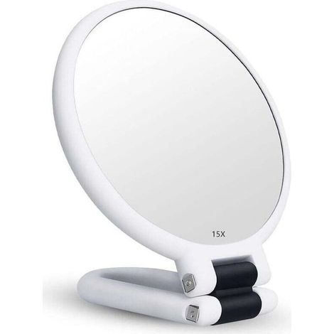 Miroir Grossissant x15 Double Face Miroir Pliable avec Poignée, Miroir de Maquillage à Main Miroir à Palette de Coiffeurs Miroir Pliant Utilisé pour Divers Détails de Maquillage (Argent) (1/4)