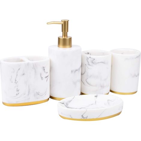 ZOLGINAH Ensemble d'accessoires de salle de bain 5 pièces pour salle de bain, distributeur de savon, pompe avec motif marbre, support pour brosse à dents, bol à savon (1/5)