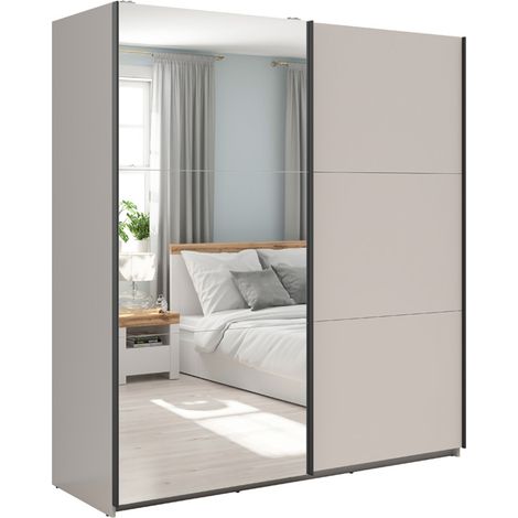 Armoire placard à 2 portes coulissantes dont 1 avec miroir coloris Beige Kashmir - Longueur 183 x Profondeur 60 x Hauteur 195,5 cm (1/5)