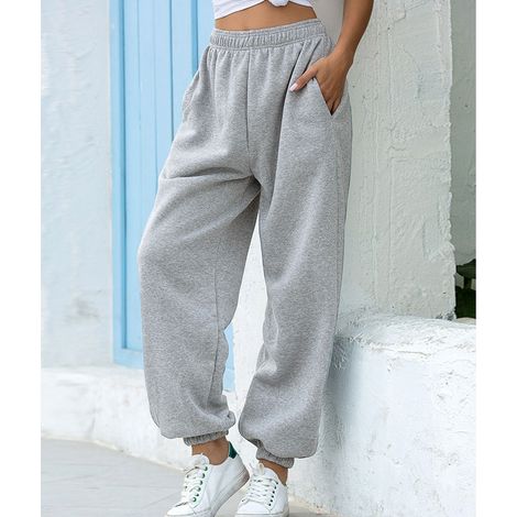 Pantalon Long Femme - Taille Élastique - Design Bandé Cheville - Couleur Unie - Pour Sport Et Loisirs - 1 Pièce (1/5)