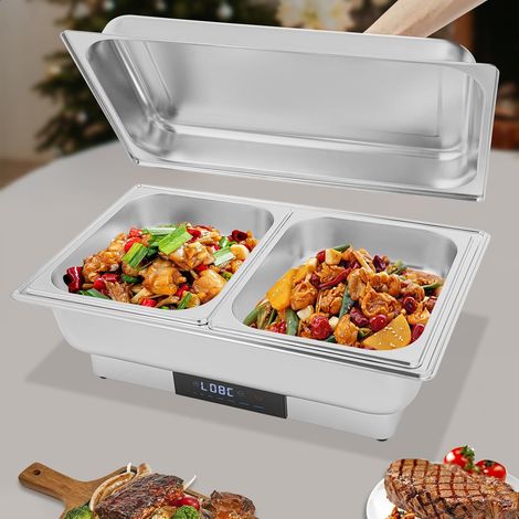 Elektrisches Buffetwärmer Speisenwärmer Chafing Dish Buffet Server Edelstahl Speisenwärmer mit Temperaturregelung für Catering und Buffet 600W 9L für warme und kalte Speisen (2 Fächer) (1/5)