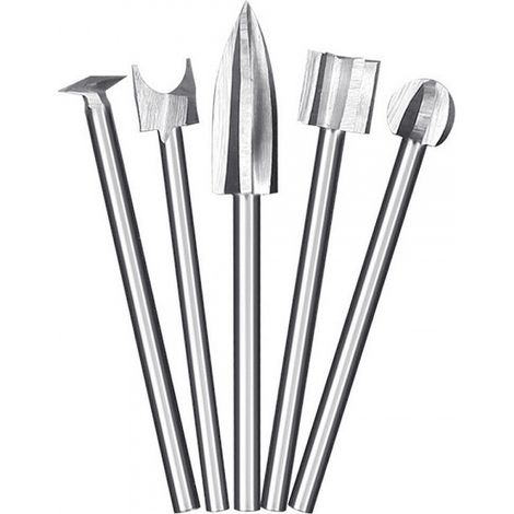 Set di 5 punte per incisione su legno: fresa per radici e fresa per sbavature. (1/5)