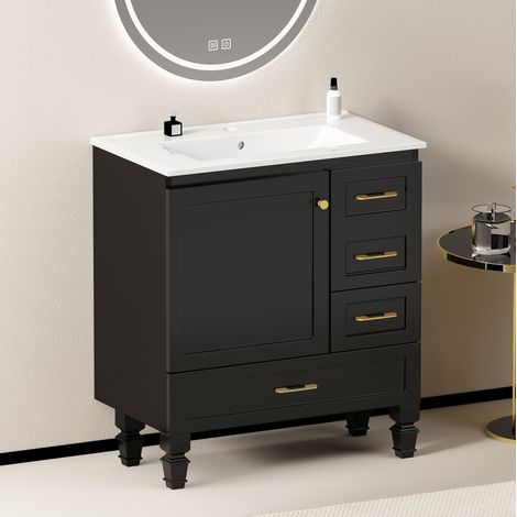 Mobile bagno 75 cm con 1 anta soft close e 3 cassetti, MDF e ceramica, nero (1/5)