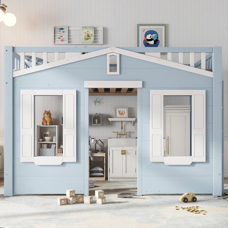 Letto rialzato bambini 90x200 cm a forma di casa con sponda di sicurezza e scala, in legno blu, materasso non incluso