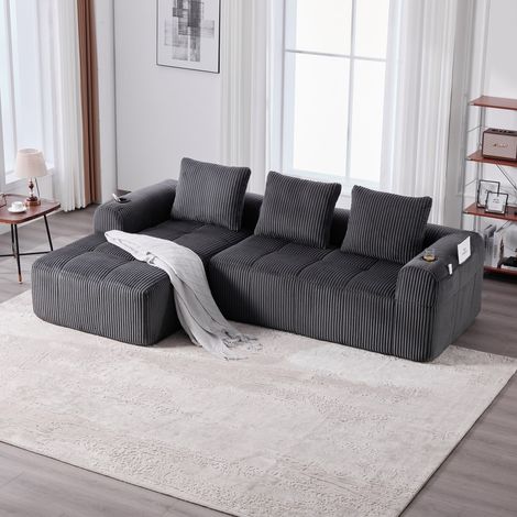 Canapé droit 4 places velours côtelé-Confort modulable et durable-Poche et porte-gobelets-3 coussins-253x158x61cm (1/4)