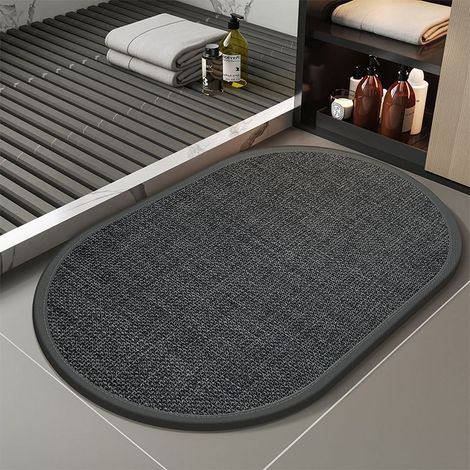 Bodenmatte aus Leinen und Kieselgur – Saugfähig, rutschfest und schnelltrocknend – Minimalistischer Stil für Badezimmer und Eingangsbereich – Ovale Form (50 x 80 cm), Farbe perlmutt-dunkelgrau-lsw