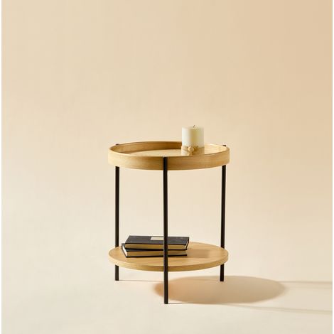 Mesa baja redonda 44 x 44 x 48 cm natural de 2 niveles, madera y metal, montaje fácil, MEUBLIV (1/5)