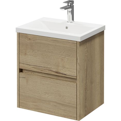 Montego Autumn Oak 500mm Wall Mounted Vanity Unit with 1 Tap Hole Basin and 2 Drawers (1/5)