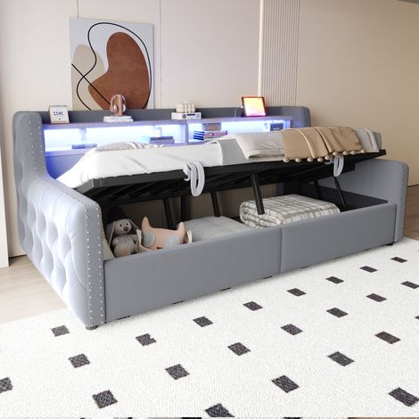 Canapé convertible 90x200 rangement velours gris clair HAVRYA (1/5)