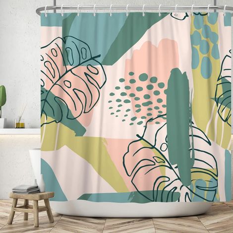 152x183cm Abstrait Plante Tropicale Rideau de Douche Polyester Ligne Monstera Rose Vert Encre Salle de Bain Rideau Jungle botanique Rideaux de Douche imperméable Baignoire Rideau (1/5)
