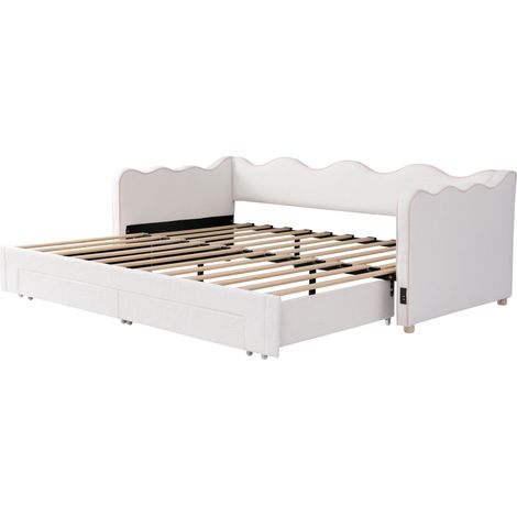 Cama nido daybed 90x200 cm extensible a 180x200 con 2 cajones, bouclé beige, HOMVRA (1/5)