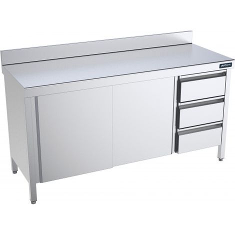 Table Inox murale adossée avec portes coulissantes et tiroirs à droite - Gamme 700 - Distform