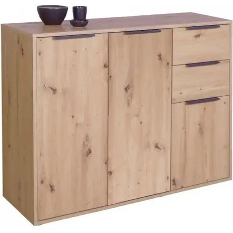 Meuble bas de rangement 3 portes et 2 tiroirs en chêne artisan 106,5x35,5x88