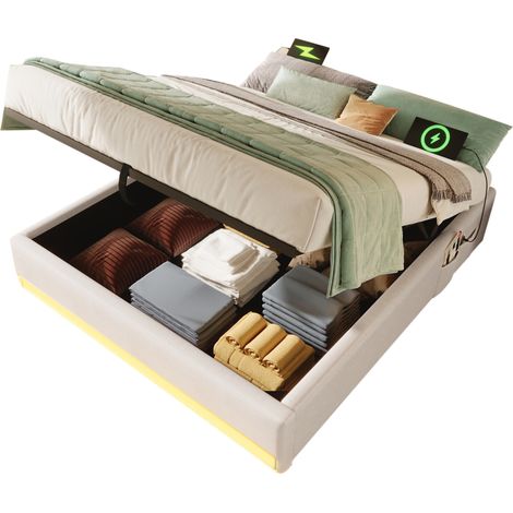 Lit coffre 140x200 cm avec LED multicolore, USB et USB-C, poches latérales, sans tête de lit, rangement hydraulique pour chambre moderne beige - CHICFURN (1/5)