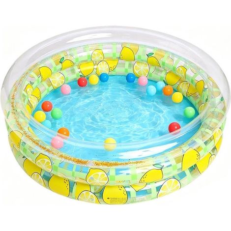 Aufblasbares rundes Kinderbecken mit Zitronenmuster und Glitzerdetails 3 Luftringe kompaktes PVC-Gartenbecken für sommerliches Wasser und (1/2)