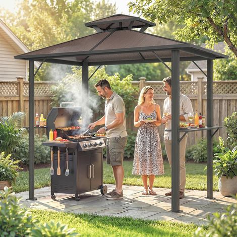Pavillon barbecue 2,5 x 1,5 m, étanche Toit barbecue avec double toit en polycarbonate Repose latérale Brun (1/5)