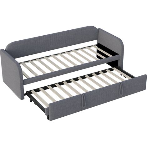 Letto divano allungabile 90/180x190 cm in lino grigio con rete a doghe (1/5)