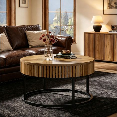 Sideboard Ø 80 cm in Schwarz und Braun, runder Couchtisch aus MDF und Metall (1/5)
