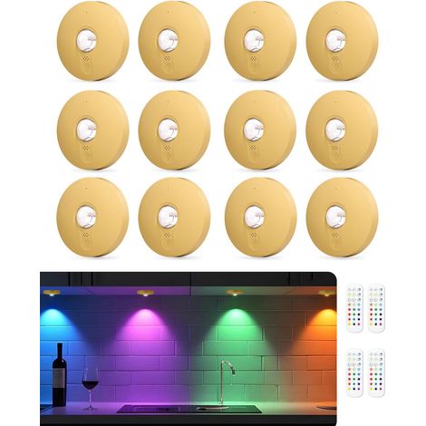 Lot de 12 spots LED RVB rechargeables par USB avec télécommande, changement de couleur, éclairage d'armoire et de vitrine sans fil (1/5)