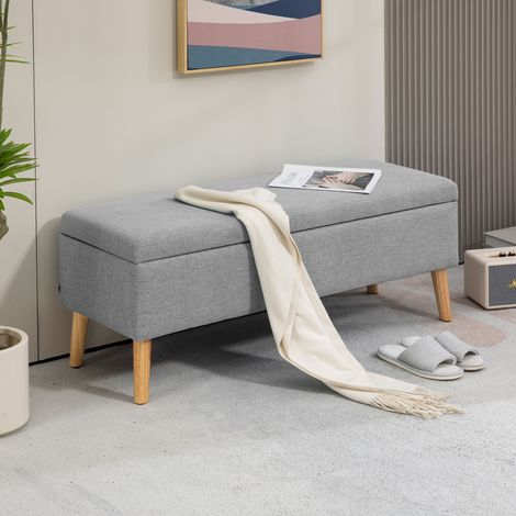 Polsterbank mit Stauraum, Bezug in Leinenoptik, Kautschukholzbeine, bis 220 kg, 110x39x45cm, Grau