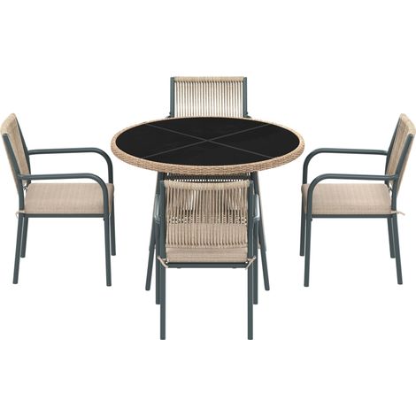 5-teiliges Gartenmöbel-Set Grau mit rundem Glastisch und 4 Armlehnstühlen (1/5)