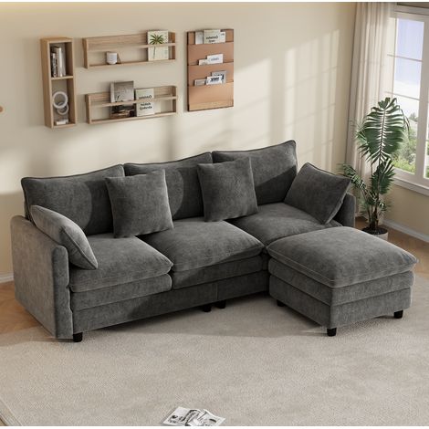 Sofá chaise longue en L de 3 plazas, 212 x 150 x 90 cm, chenilla gris, con 4 cojines HAVRYA (1/5)