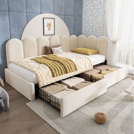 FLORAGRACE Lit simple 90x190 cm en velours beige avec 2 tiroirs de rangement, sommier à lattes (1/5)