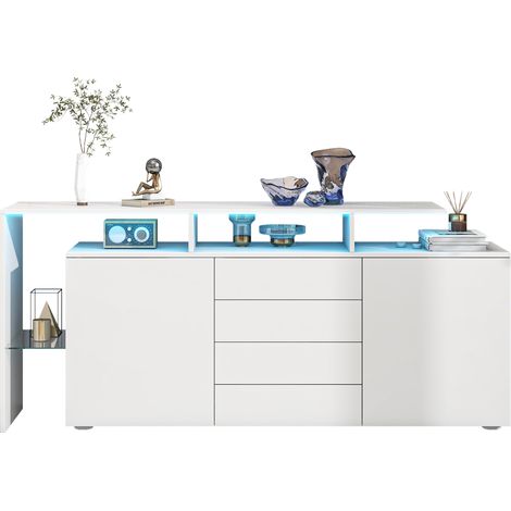 Commode, buffet avec LED, meuble de salon blanc brillant, armoire de salon, meuble colonne, meuble TV, meuble mural de salon, meuble haut, meuble polyvalent, buffet de salle à manger (1/5)