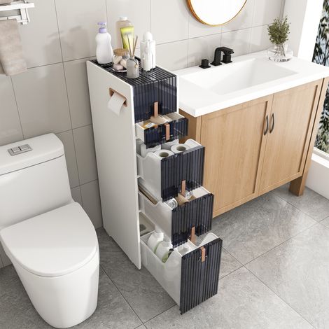 Meuble de salle de bain – Meuble de rangement étroit en PP – 3 grands tiroirs + 1 petit – 2 couvercles rabattables – Roulettes avant et pieds antidérapants – 22×38×95 cm (1/5)