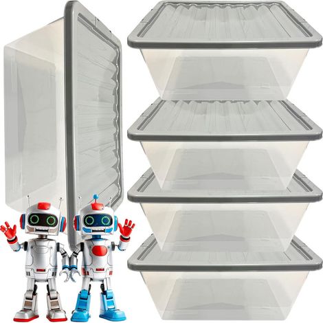 5 x 62L Stackable Clear Plastic Storage Boxes With Silver Lids