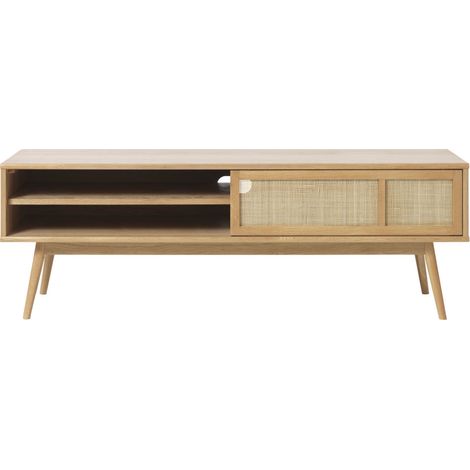 Meuble tv 2 portes en bois et cannage L150cm - Bois clair - KIYO (1/5)