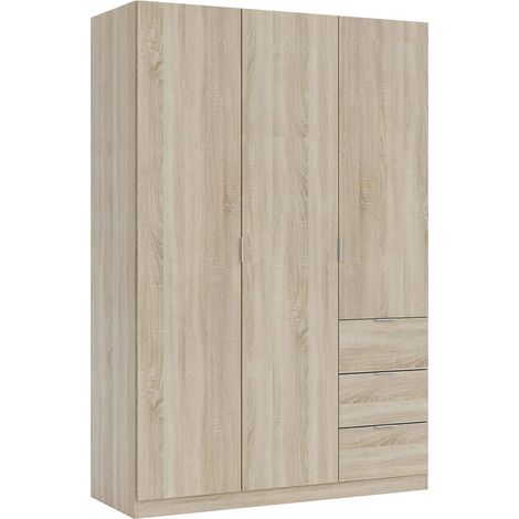 Dmora Guardarropa Fullerton, Armario dormitorio con 3 puertas y 3 cajones, Mueble con 3 baldas y barra perchero, cm 135x52h200, Roble, con embalaje reforzado