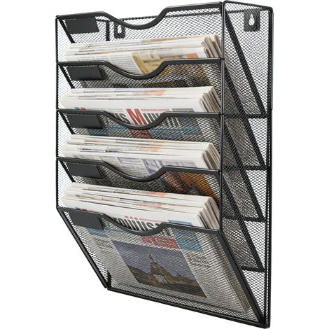 Soporte de pared metálico ensamblado de 5 compartimentos, organizador de escritorio colgante, revistero de pared A4, organizador de almacenamiento de papel para documentos y revistas, negro