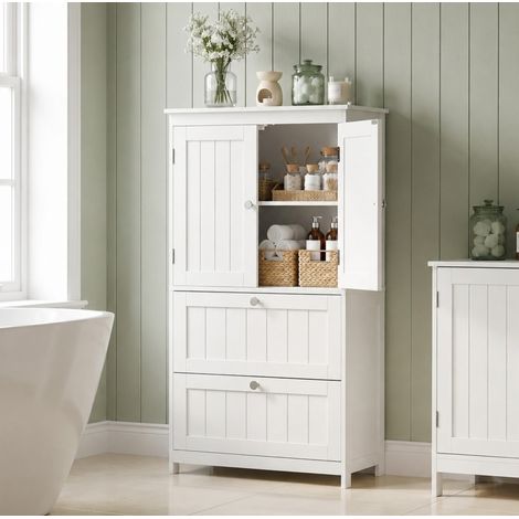 MODFU – Armoire salle de bains MDF – 2 portes, 2 tiroirs et étagère réglable – Profondeur 30 cm et 45 kg – Salle de bains ou entrée – Blanc (1/5)