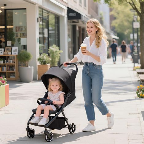Poussette pliante 15 kg gris pour bébé avec dossier inclinable, appuie-pieds ajustable, harnais à canopée canyal, foncé