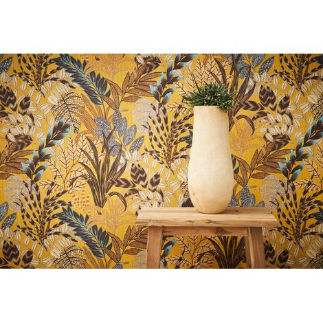 Homemaison – Papier peint vinyle jungle jaune 275g/m² – Motif feuillage – Lessivable et brossable – Raccord sauté – Bonne résistance à la lumière