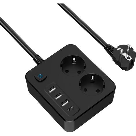 Multiprise 6-en-1 avec USB-C et Protection Surtension, Prises avec Interrupteur et 4 Ports USB, Câble Extension 2m, pour Maison, Bureau et Voyage (1/3)