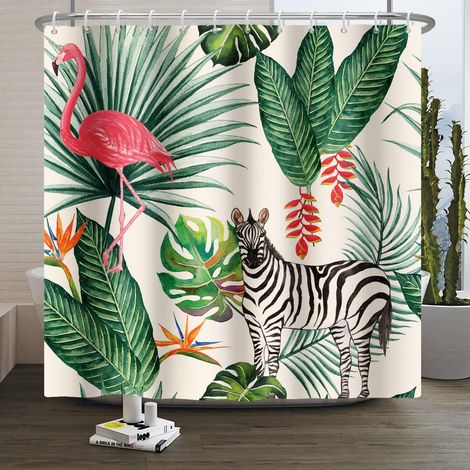 152x183cm Rideau de Douche Flamant Tropical Palmier, Feuilles Vertes, Banane, Cheval Thème Été Tissu Polyester Étanche pour Salle de Bain avec Crochets (1/5)