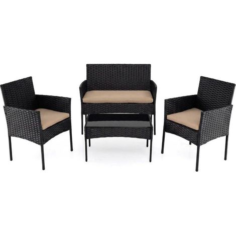 Salon de jardin 4 places détente en résine tressée avec table en verre et coussins pour terrasse et balcon (1/2)