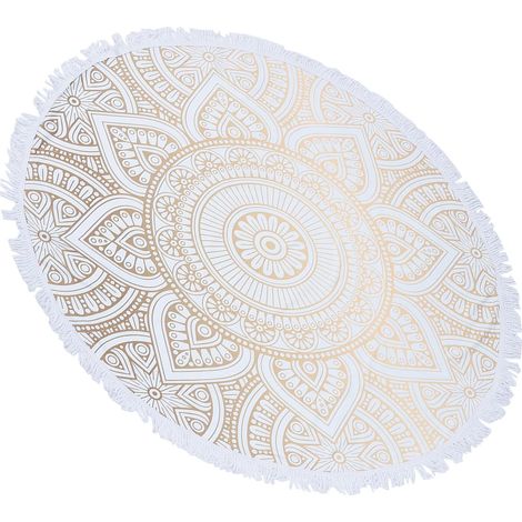 Round Microfiber Beach Towel with Mandala and Fringe Design