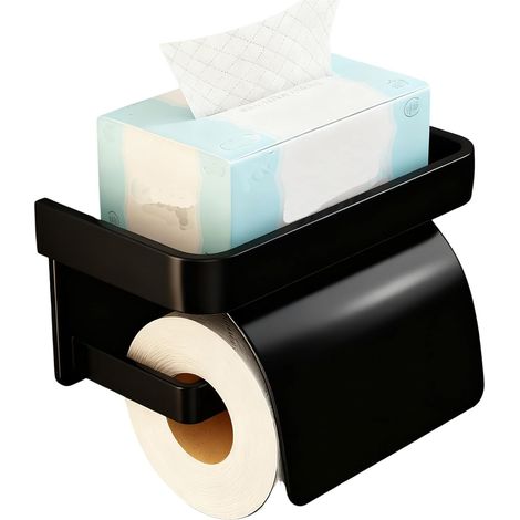 Porte Papier Toilette avec Étagère, Acier Inoxydable Support Papier Toilette sans Percage, Derouleur Papier Toilette Murale, sans Perçage, pour Salle de Bain et Cuisine (Noir) (1/5)