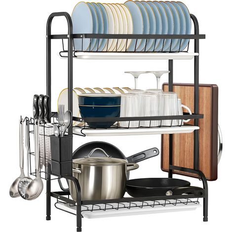 Dish Rack 3-Tier Dish Drainer Rack with Drainboard Large Over Sink Drying Rack Kitchen with Cutlery & Cutting Board Holder Space-Saving Kitchen Draining Board with Drip Tray (1/5)