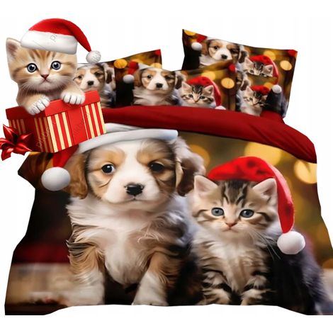 Parure de lit de Noël avec motif 3D réaliste, taie d'oreiller 140x200+, chat, chien (1/5)