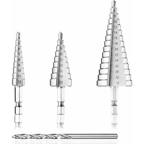Stufenbohrer-Set, HSS-Metallfräser, 4-teilig, 4–12/20/32 mm, Stufenbohrer, Stahlfräser, konischer Dreieckbohrer (1/5)
