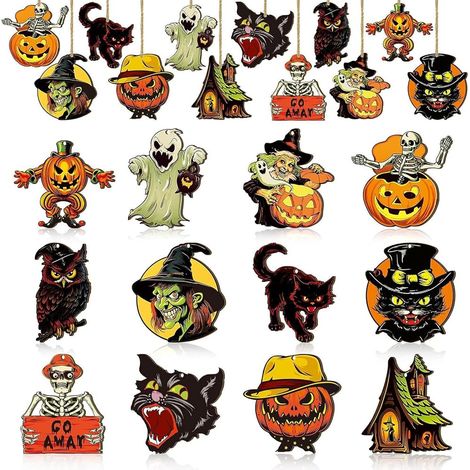 24 Pieces/12 Styles Halloween DéCoration d'arbre en Bois DéCorations d'halloween à Suspendre Vintage Citrouilles, FantôMes, SorcièRes, Chats pour Halloween Ornements Interieur ExtéRieur (1/5)