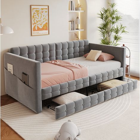 DESVIAE Lit de jour rembourré 90 x 190 cm avec tête de lit poches de rangement latérales et 2 tiroirs sous le lit en velours gris (1/5)
