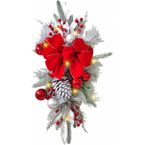 1 pc Guirlande de Noël en forme de goutte avec lumières, 45x20 cm, couronne de sapin de Noël pré-éclairée, décoration d'escalier de Noël, guirlande de Noël pour porte d'entrée, fenêtre (1/4)