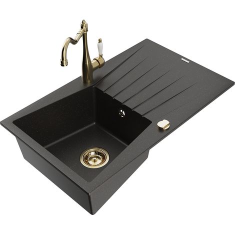 Mexen Cesar lavello in granito a 1 vasca con scolapiatti e rubinetto da cucina Carla, nero/oro metallizzato - 6514-75-670700-50 (1/5)