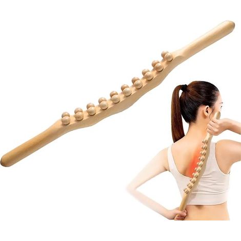 Massaggiatore per la schiena - Bastone Gua Sha in legno con 20 sfere - 60 cm - Strumento manuale per massaggio di collo, spalle e corpo intero (1/5)