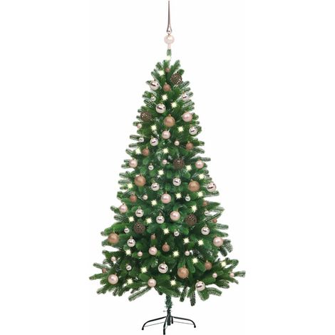 Árbol de Navidad preiluminado con luces y bolas verde 180 cm
